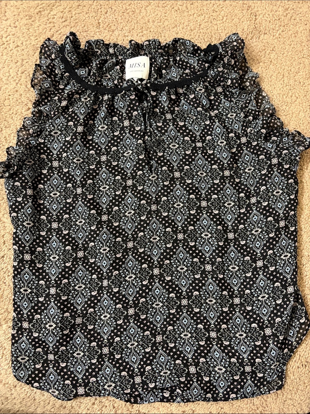Misa Los Angeles Black Sleeveless Ruffled Neck Print Top